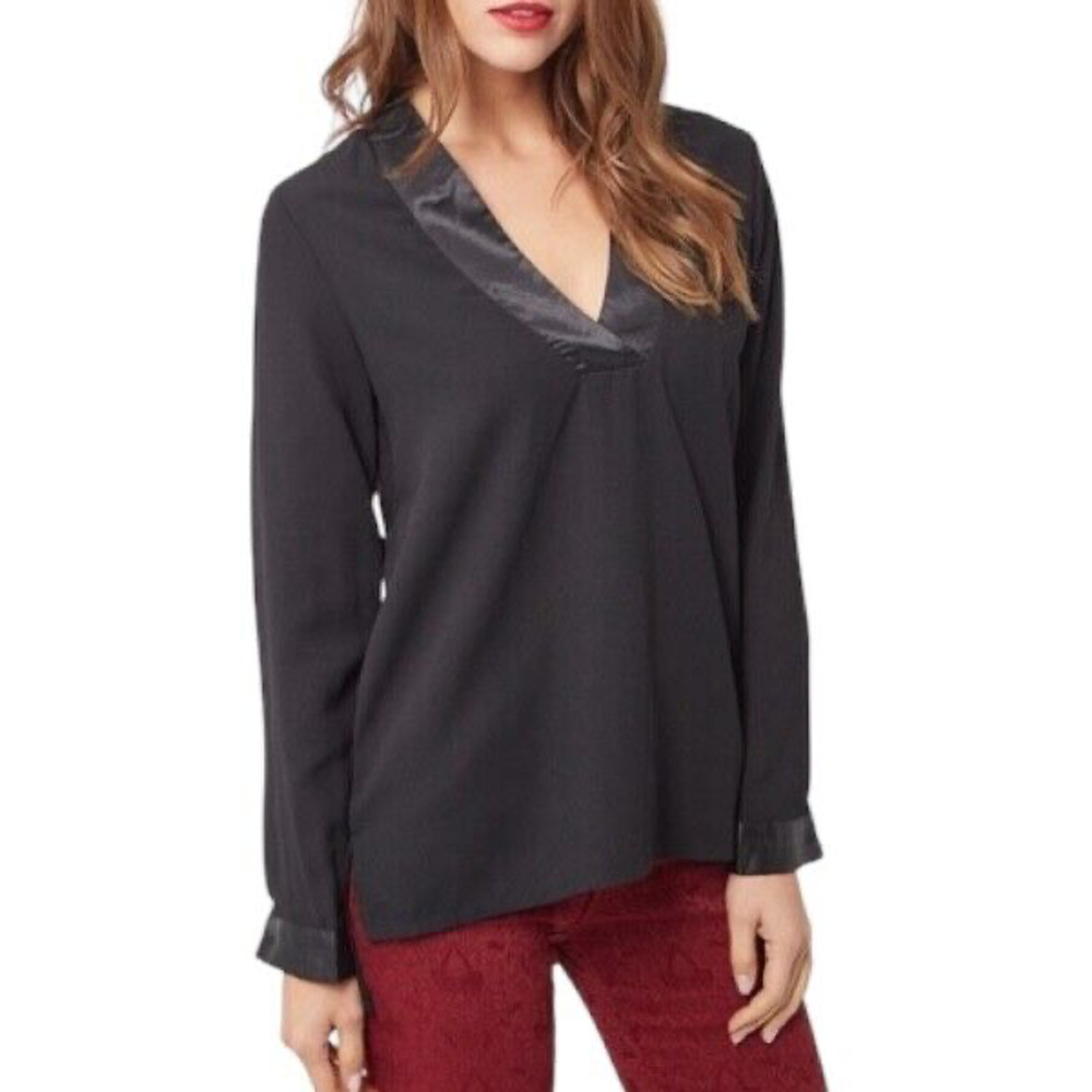 LM Love and Money Women's V-Neck Long Sleeve Blouse Top Satin Trim Size S Black